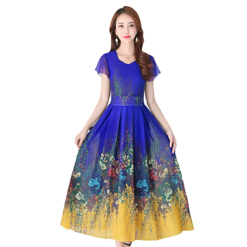 Женское шифоновое платье с коротким рукавом летнее пляжное принтом в стиле бохо