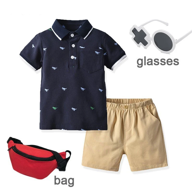 1ST 2019 New Boy Clothes Suit Short-sleeved Polo Shirt Shorts 2 Piece Set Children's Gentleman Casual Glasses Bag |