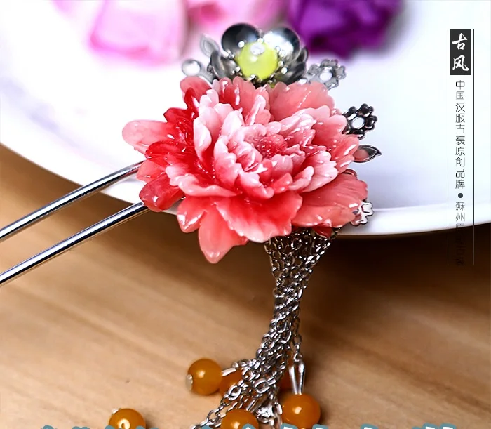 Серебряная палочка для волос Tassel красный пион из смолы ручной работы аксессуар