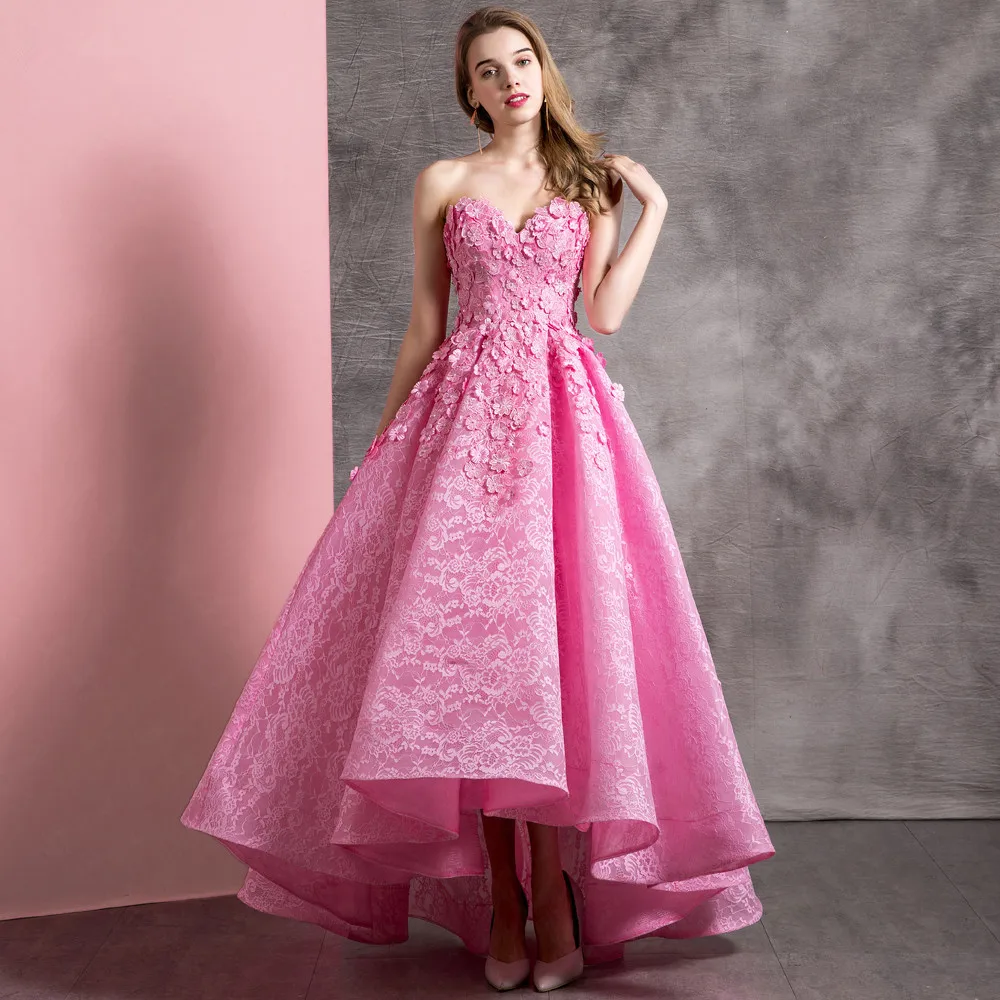 JaneVini Elegant Pink Lace Prom Dresses Woman 2019 High Low Handmade Flowers Backless Long Party Gowns Vestidos Cerimonia Longos