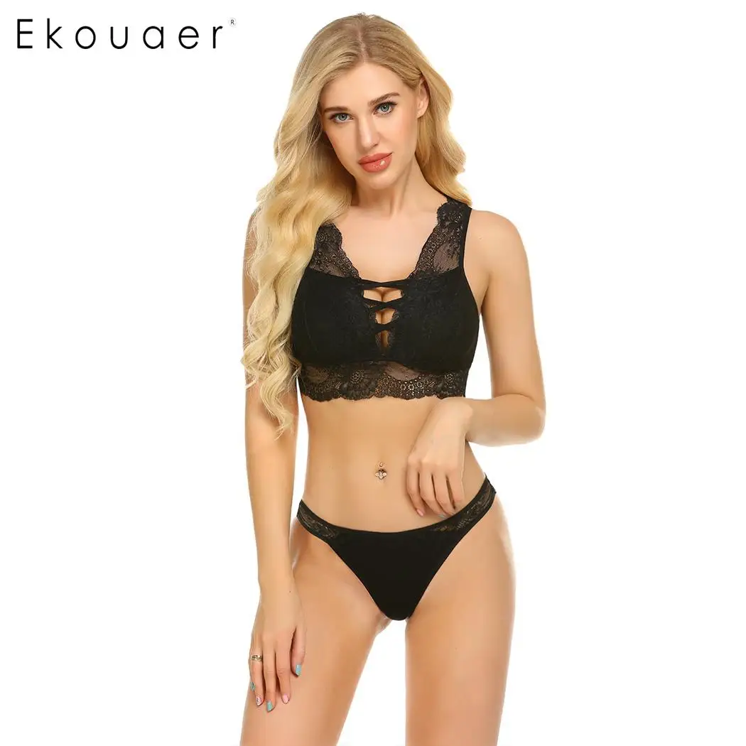 black Ekouaer женский сексуальный комплект нижнего белья, нижнее белье, сетчатая Цветочная сорочка, бюстгальтер и трусики, комплект нижнего белья, бюстгальтер - Цвет: black