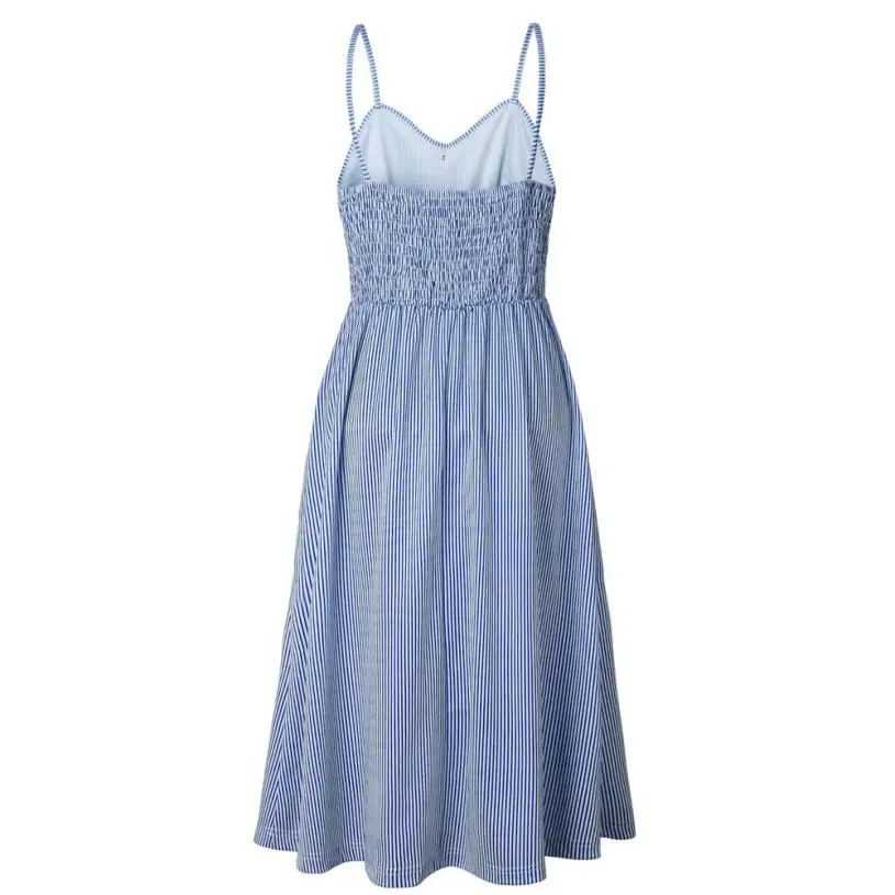 2018 горячая Распродажа синее тонкое Полосатое платье без рукавов с открытыми