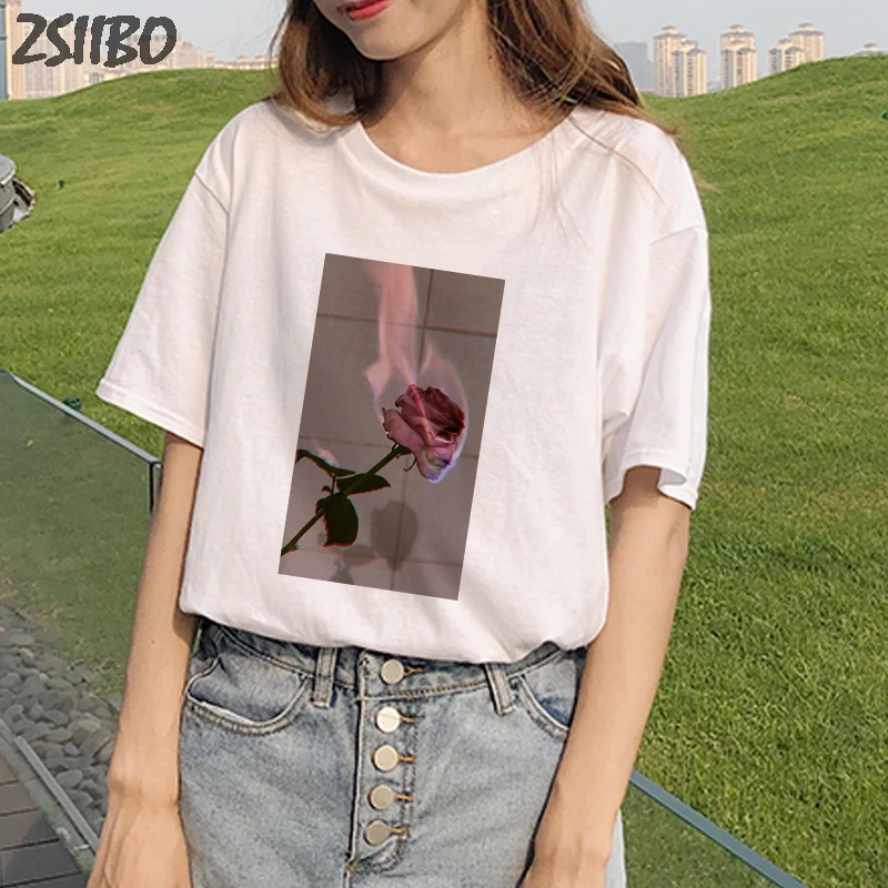 Женская футболка летняя новая с короткими рукавами и принтом цветов роз пламени