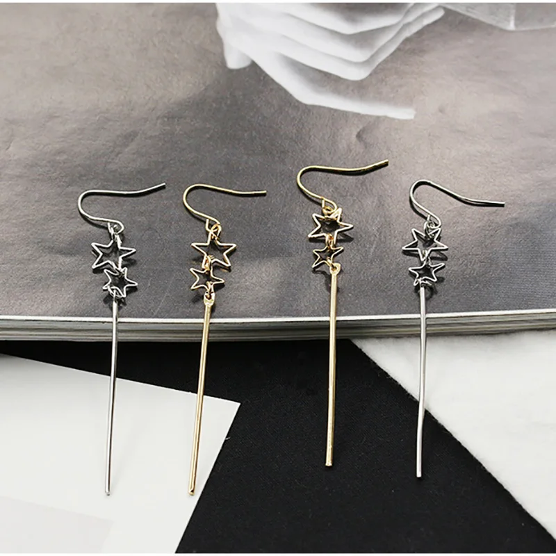 Длинные серьги с полыми звездами висячие золотого и серебряного цвета