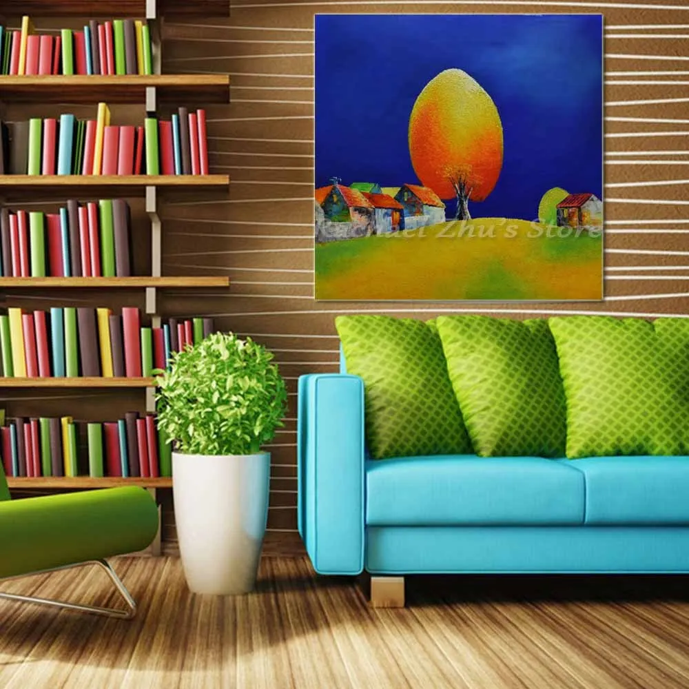 

Hand Painted Abstract Cartoon Tree andscape Oil Paintings On Canvas House Tree Wall Picture For Children's Room Home Wall Decor