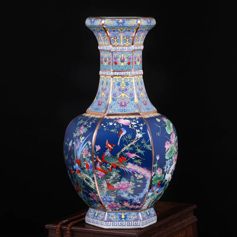 

Jingdezhen Qianlong Year Mark Enamel Antique Hexagonal Tall Vase Floor Ceramic Home Furnishing Articles Large Floor Vases