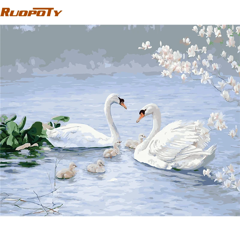 RUOPOTY рамка Лебедь животные Сделай Сам краска по номерам Современная Акриловая Краска на холсте краски уникальный подарок для домашнего декора художественные работы