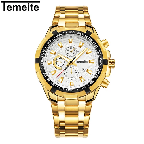 gold white Temeite золотые роскошные часы для мужчин Нержавеющая сталь бренд Кварцевые спортивные мужские часы водонепроницаемые наручные часы календарь Relogio Masculino - Цвет: gold white