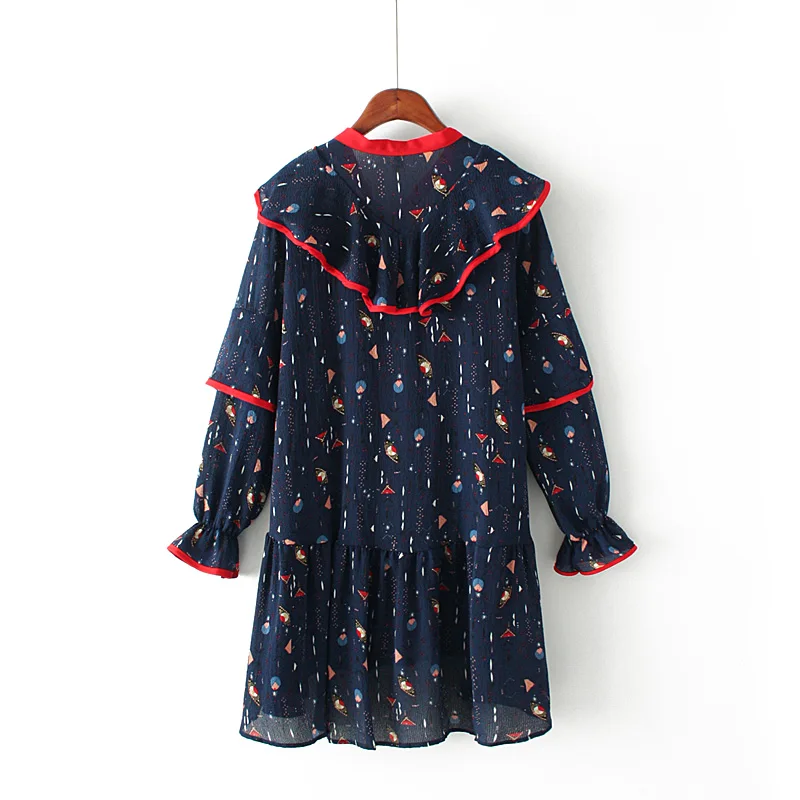 Женское шифоновое мини-платье с рюшами и бантом синее красное принтом D0331 |