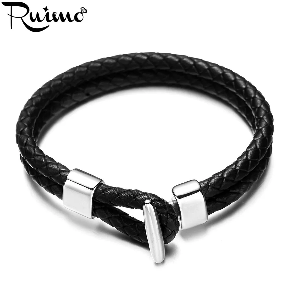 RUIMO модный двухслойный браслет из натуральной плетеной кожи простой мужской с
