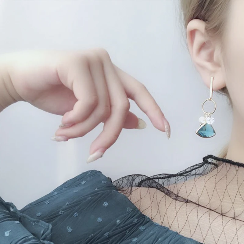 2018 New Korean Temperament Blue Fan Crystal Simulated Pearl Drop Pendientes Mujer Moda Long Earrings For Women Fashion Jewelry | Украшения
