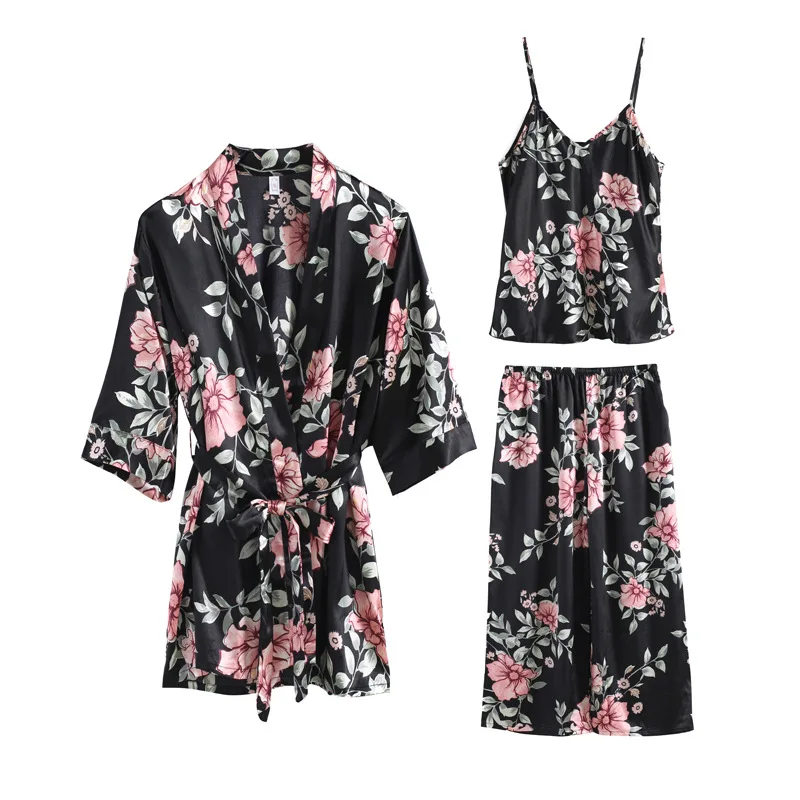 

Sexy Sleep Lounge 3 Pieces V-Neck Women Pajamas Set Elegant Print Long Sleeve Pyjamas Women Sleepwear Women Nightwear