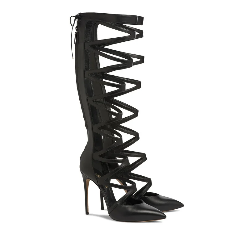 Hot selling solid color multi strap crisscross back zipper pointed toe knee high stiletto heel sandal boots cut-outs long boots