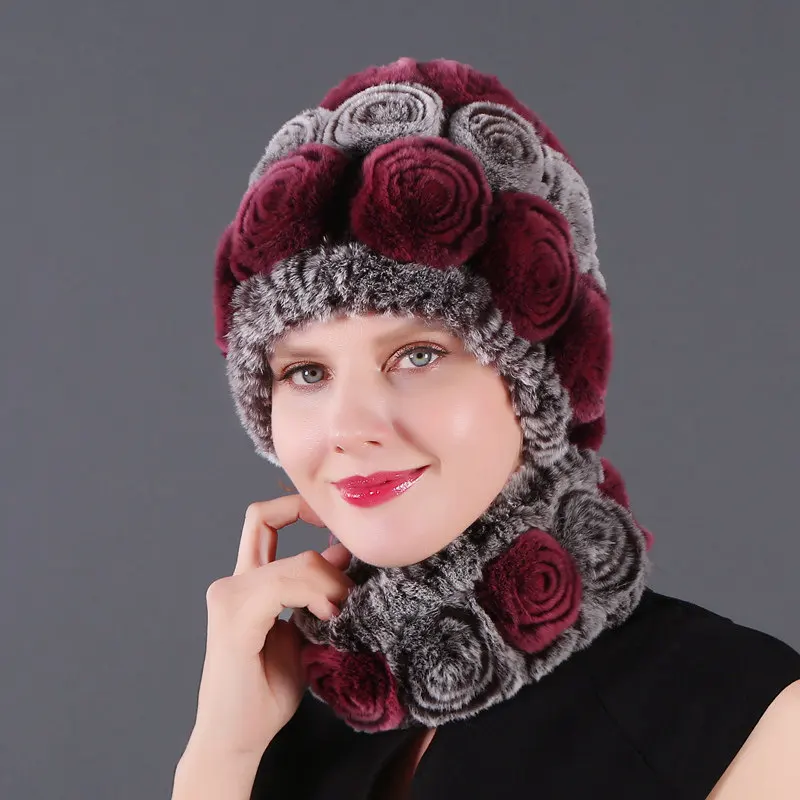 Модная женская меховая шапка, Зимний натуральный настоящий мех кролика, шапка, шарф, набор, высокое качество, для женщин, натуральный мех - Цвет: color16
