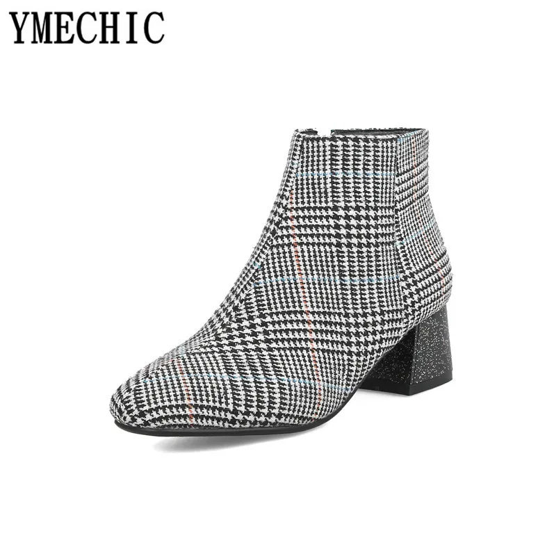 Женские ботильоны в клетку YMECHIC модные ботинки на квадратном каблуке средней