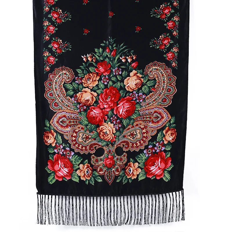 twill silk scarf crinkle hijab Printed long scarf Twill cotton fringed shawl Rose tassel luxury scarf foulard femme musulman