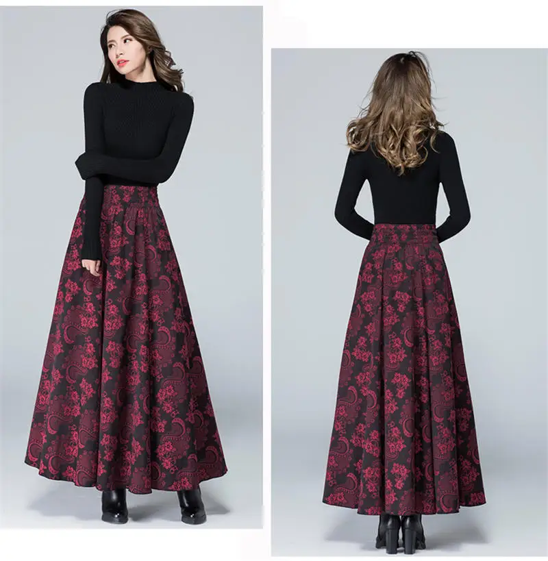 Red cashew flower Весенне-осенняя Длинная женская юбка Vestidos, Повседневная тонкая хлопковая льняная юбка с принтом размера плюс, юбка макси, элегантные винтажные юбки с карманами Q629 - Цвет: Red cashew flower