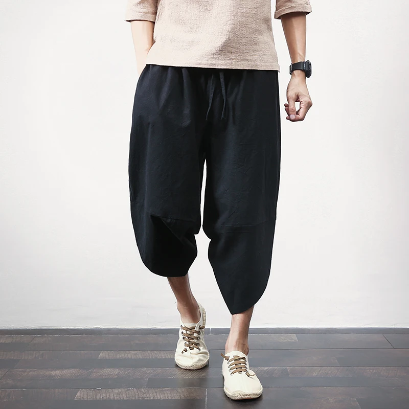 Asian Size Black Sinicism Store, хлопковые льняные мужские шаровары, летние мужские повседневные укороченные штаны,, одноцветные мешковатые штаны с большим карманом - Цвет: Asian Size Black