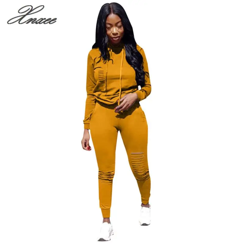 

Women's solid color burnt hooded suit two-piece
