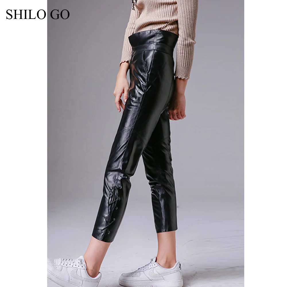 Женские кожаные брюки SHILO GO осенние модные из натуральной овчины с высокой талией
