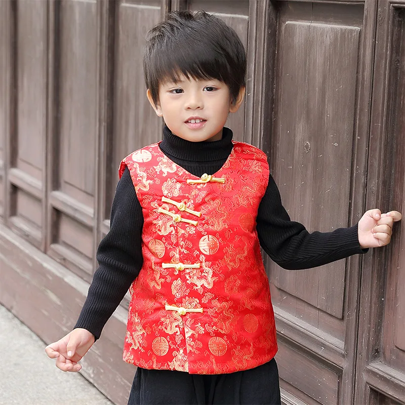 

New Year Christmas Festival Chinese Traditional Tang Style Sleeveless Show Performance Winter Red/Yellow Lovely Vests
