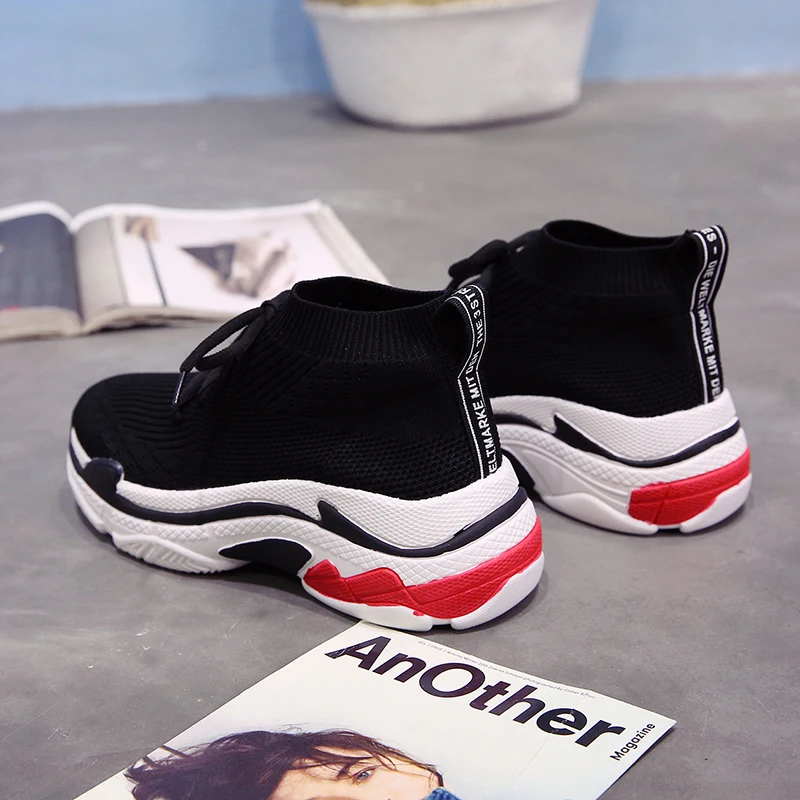 ADBOOV/; модные высокие кроссовки; женская дышащая обувь на платформе с вязаным верхом; tenis feminino; повседневная женская обувь; Цвет черный, красный