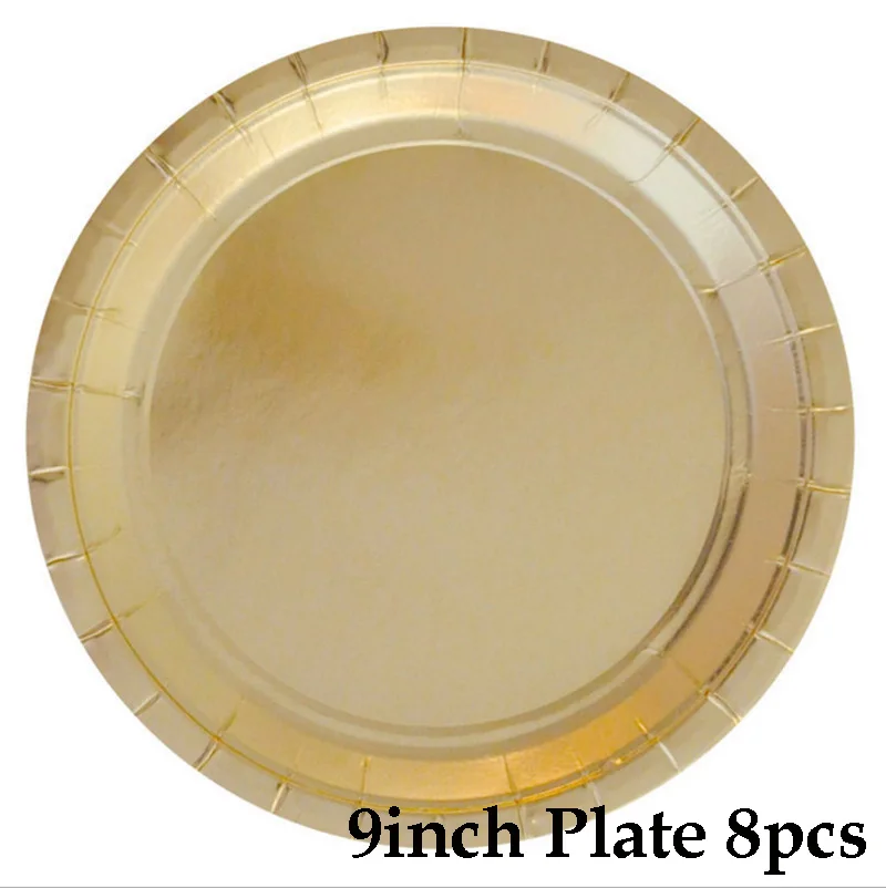 9inch plate 8pcs Вечерние одноразовые столовые приборы золотого цвета, бумажный поднос, тарелки, стаканчики, Бумажные Соломенные обертки для торта, украшения для дня рождения, детский набор для свадебной вечеринки - Цвет: 9inch plate 8pcs
