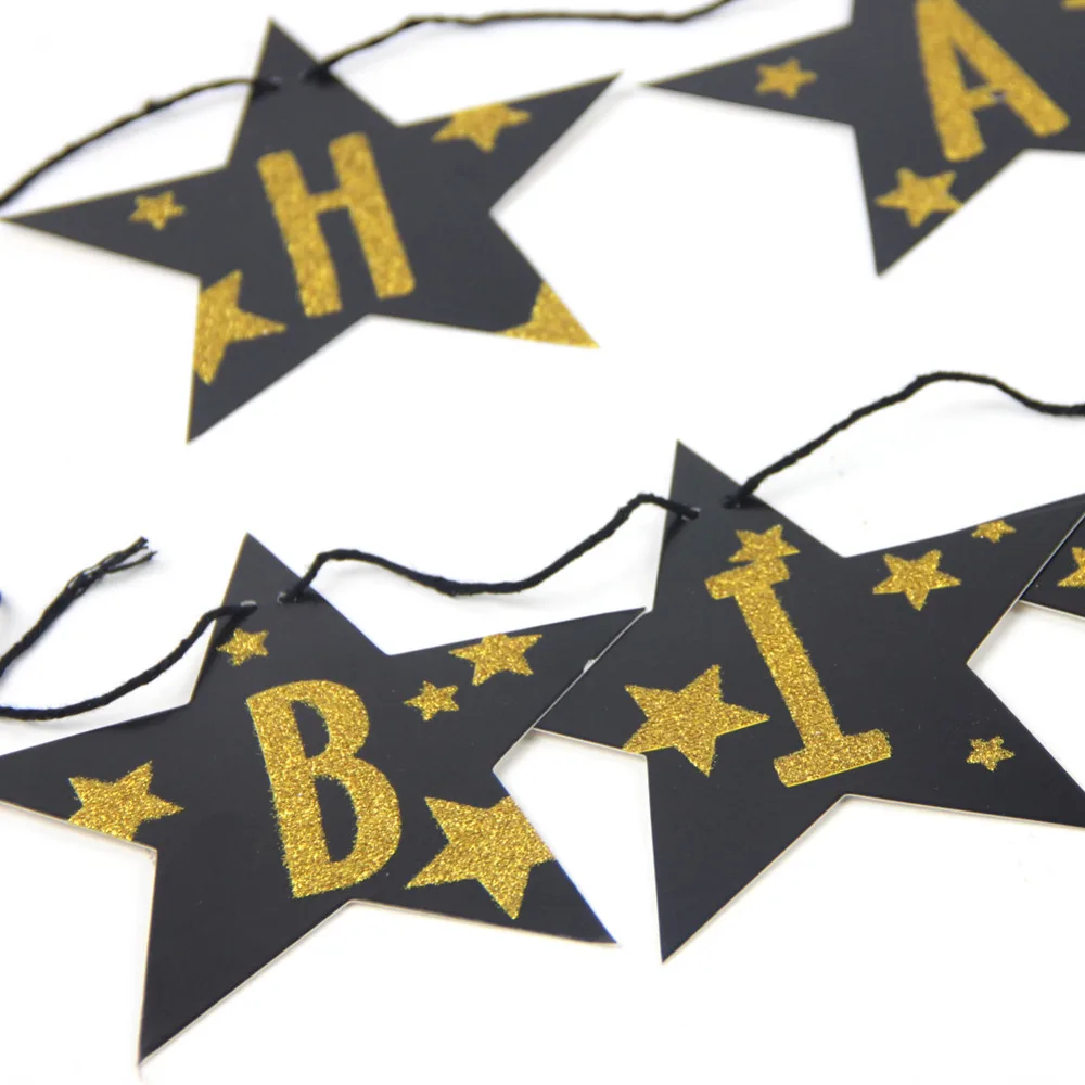 Black and Gold Glitter Star Happy Birthday Paper Banner Bunting Garland for Kids Party Hanging Decorations Crafts | Дом и сад