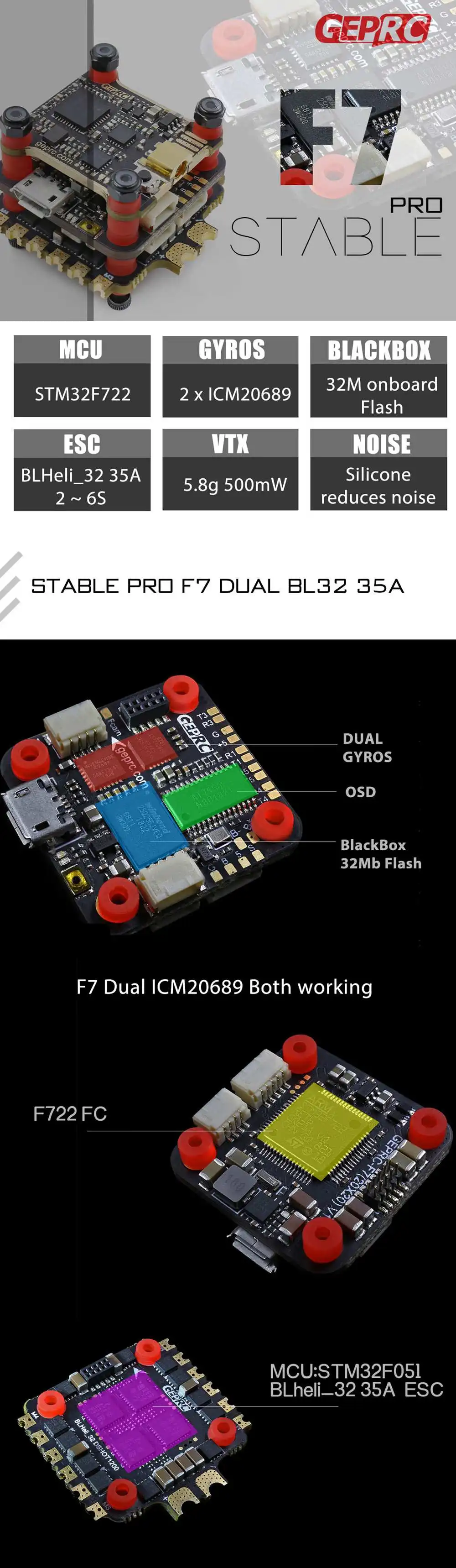 Geprc стабильный Pro F7 Стек двойной гироскоп F7 Контроллер полета и 35A BLheli_32 4в1 ESC и 5,8G 500mW VTX для радиоуправляемого дрона запчасти