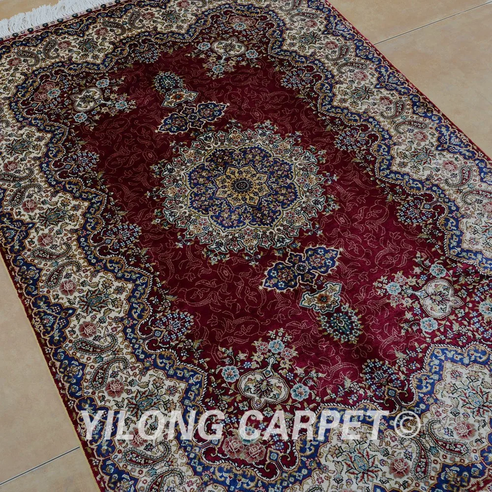 Yilong 3 'x 4 5' Античный персидский шелковый красный Тебриз ковер изысканный новый