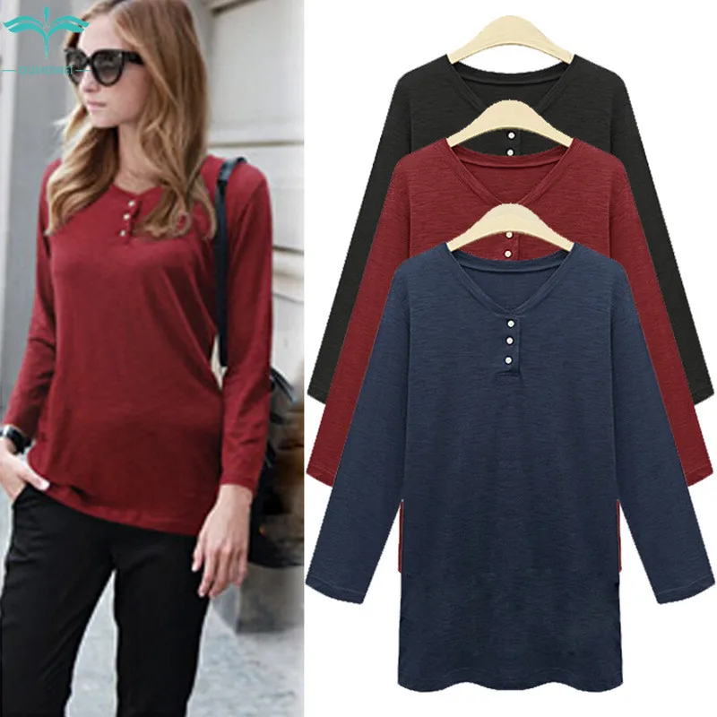 

OUMOWEI Women's T-Shirt 2020 Fashion New Long-Sleeved T-Shirt High Quality Large Size Loose Wild Four-Color Choice