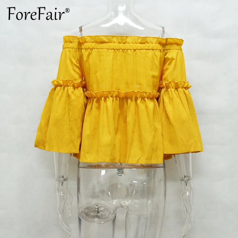 Forefair модная желтая Блузка с оборками для женщин 2017 вырезом лодочкой открытыми