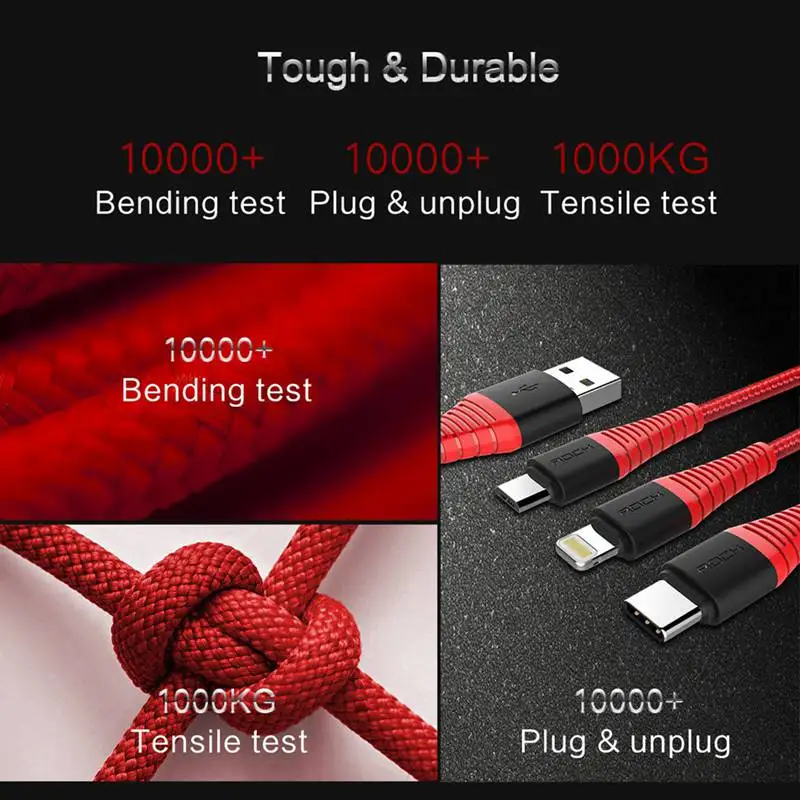 3 в 1 высокопрочный USB Type C Micro и зарядный кабель для iPhone ROCK Phone зарядное устройство