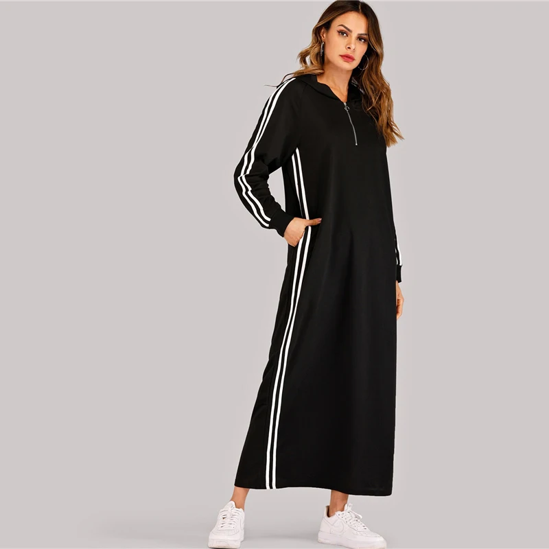SHEIN черная полосатая лента на молнии Толстовка платье для женщин осень длинный рукав досуг повседневные Прямые длинные платья