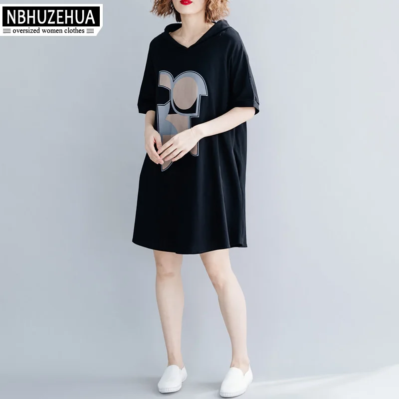 NBHUZEHUA женское платье 2019 летнее с капюшоном черное свободное ТРАПЕЦИЕВИДНОЕ