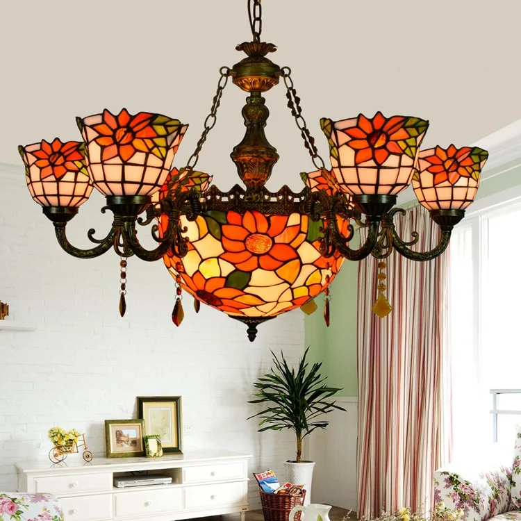 Tiffany Sunflower Stained Glass Suspended Luminaire E27 110-240v Chain Pendant Lights For Home Parlor Dining Room scandinavian | Освещение