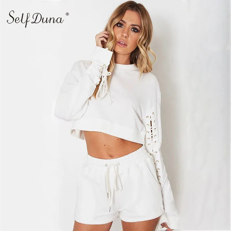 Женский укороченный топ на шнуровке Self Duna белый Топ с длинным рукавом
