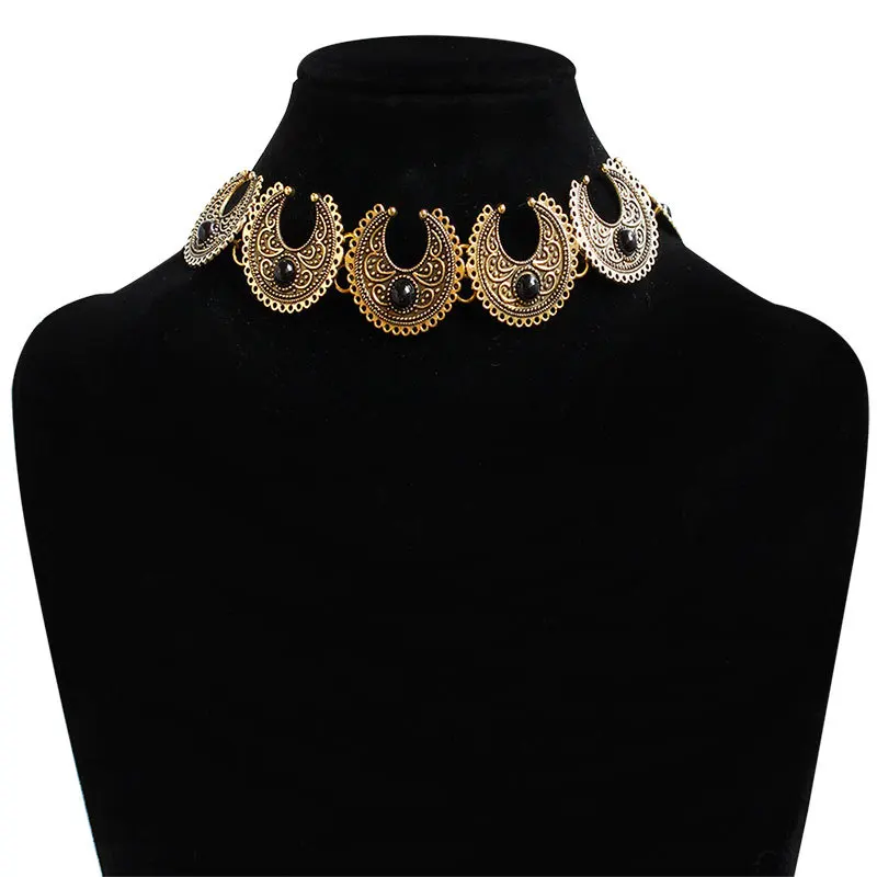 Цыганская индийская экзотическая бижутерия черный синий камень воротник цветок