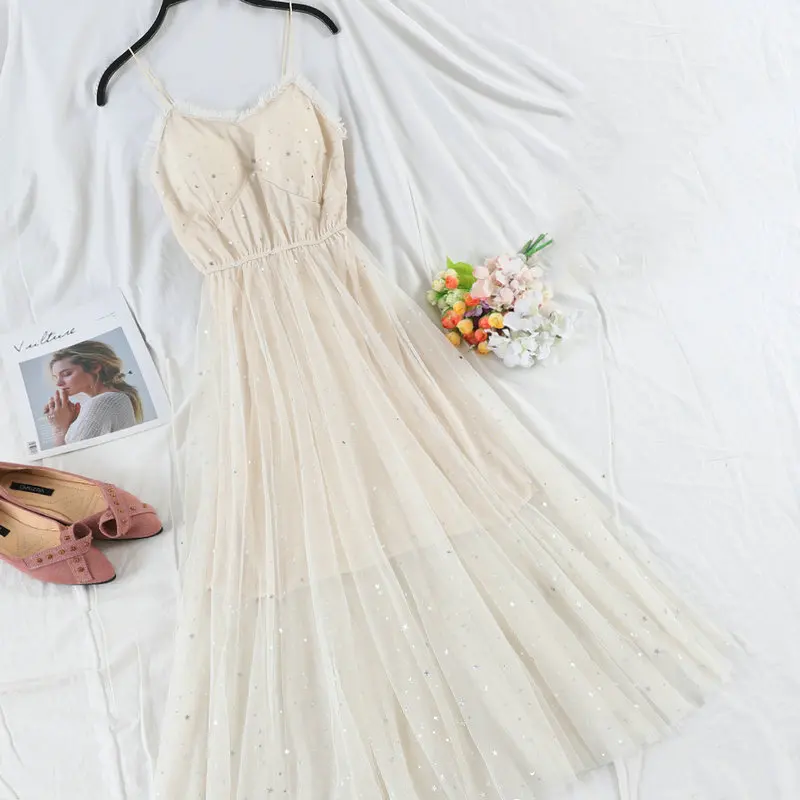Women Dress Женское летнее платье на бретельках с блестками, повседневное эластичное тонкое сетчатая вуаль с высокой талией, плиссированное платье из тюля - Цвет: Women Dress