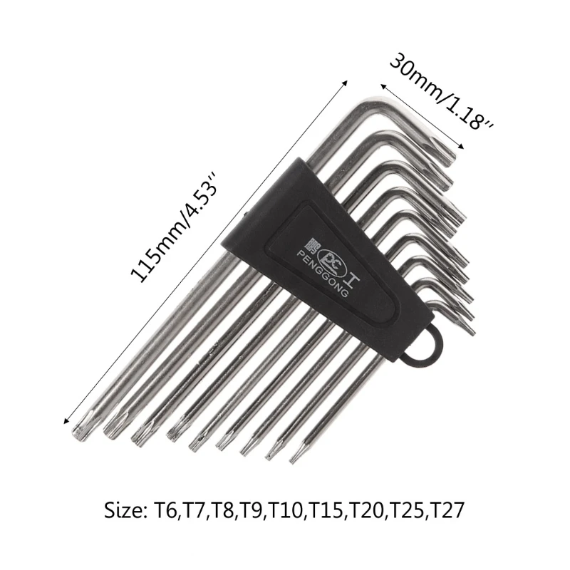 

9PCS L-shape Hex key Set Torx Star Hex Wrench Tool Set with Holes Hardware Tool Kit - Silver + Black Clip T6,T7,T8,T9,T10,T15,T2