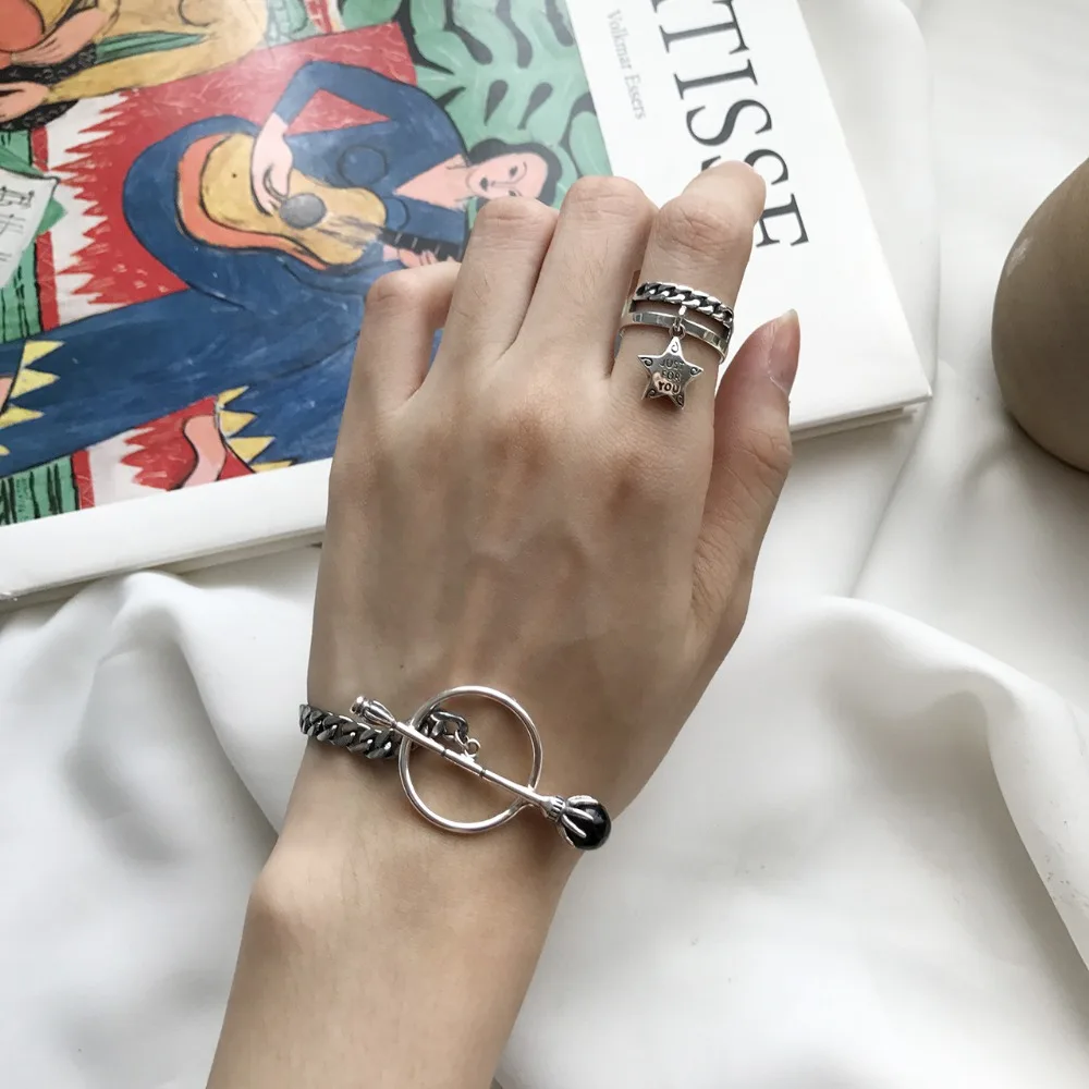

Amaiyllis S925 Sterling Silver Stars Finger Rings Chain Retro Rock Thai Silver Ring For Women Wedding Engagement Ring Jewelry