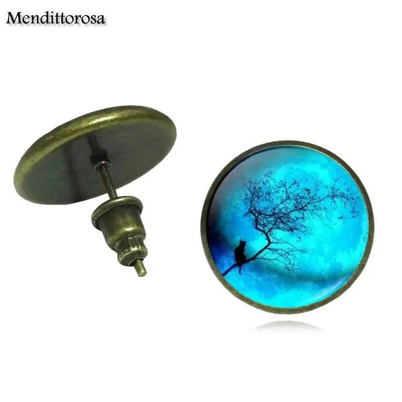 Mendittorosa Blue Moon and cat Brand Jewelry Bronze/Silver/Golden Clip Ear Hook Stud Earrings Glass Dome For Child | Украшения и