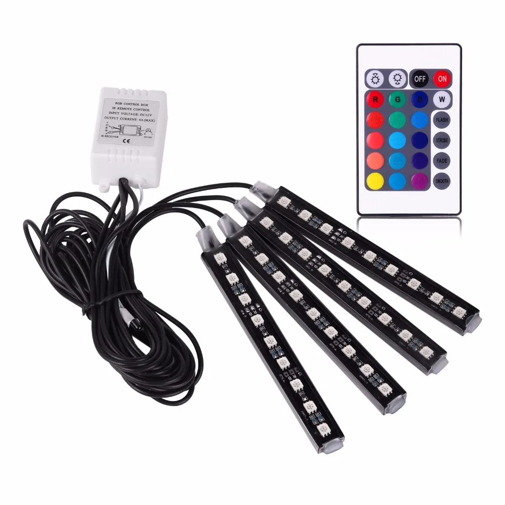 Aozbz RGB Светодиодные ленты свет лампы для авто автомобиль-Стайлинг 4 шт. Атмосфера комплект ног лампа Дистанционное управление декоративный свет 6 Вт 12 В 5050SMD