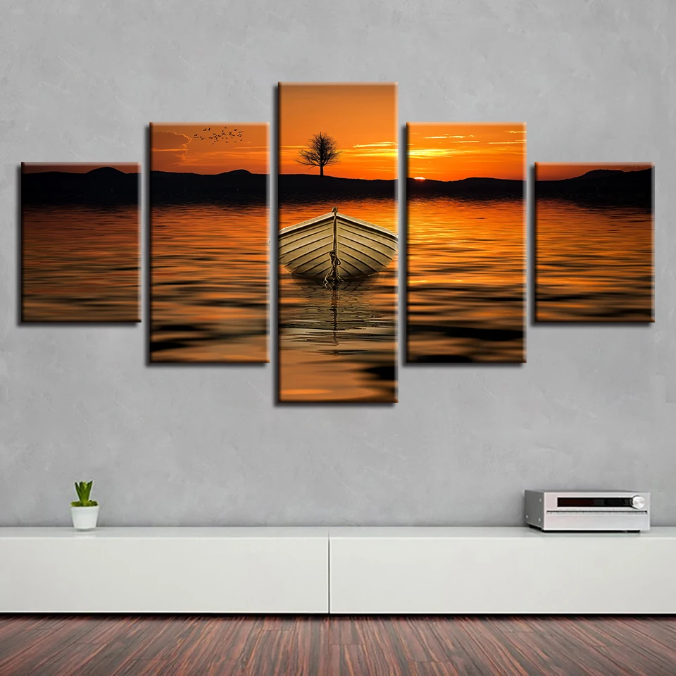 

Wall Art Picture HD Printing On Canvas 5 Pieces Mountain Lake Ship Tree Beautiful Sunset Scenery Paintings Modular Bedroom Decor