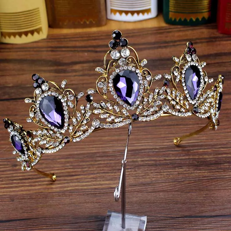 purple tiara Розовое золото розовый Винтаж барокко Королева Король диадема жемчуг свадебные украшения для волос кристалл тиара и корона повязка для женщин Свадьба - Окраска металла: purple tiara