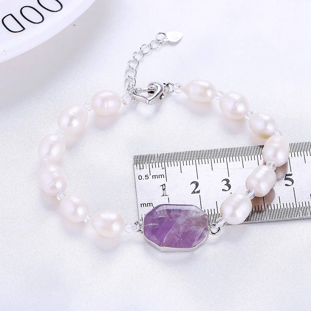 Yumten White Pearl Bracelet Strand Infinity Womens Bangle Jewelry Natural Stone Amethyst Chain Link Silver Accessories | Украшения и