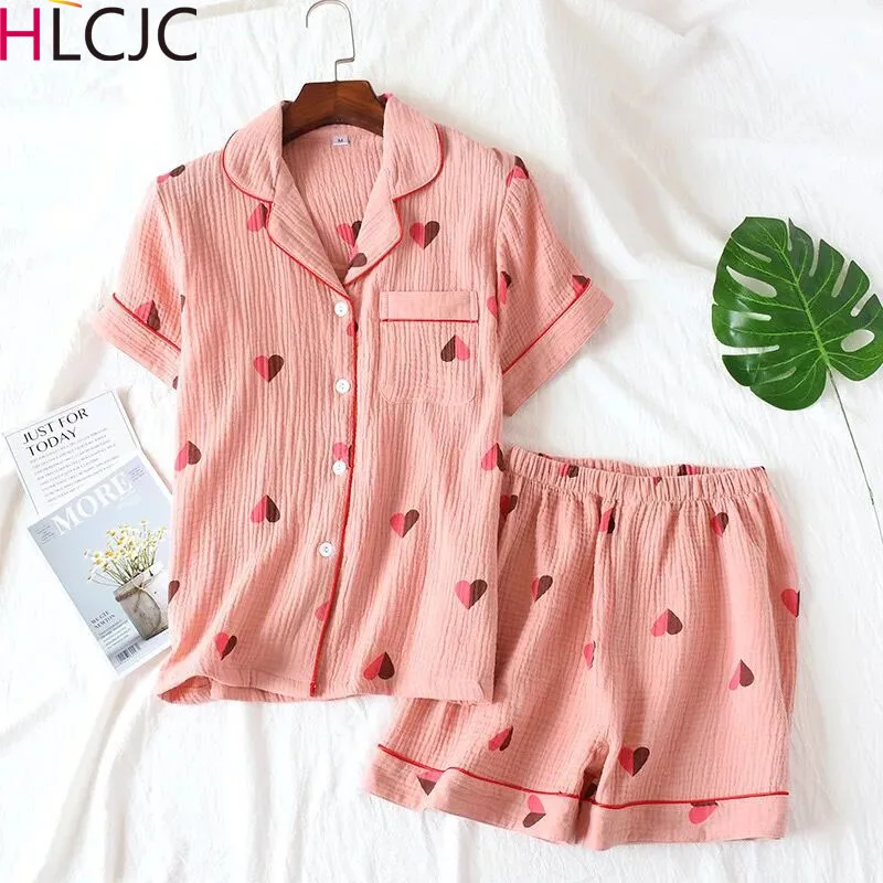 

2Pcs Cotton Crepe Pajamas Women Sleepwear Girl's Pyjamas Set Short Sleeved Sleepwear Simple Style Short Nightwear Soft Home Wear