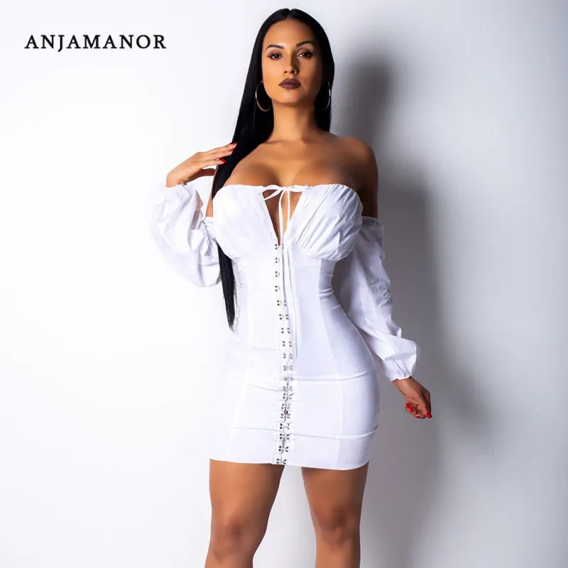 ANJAMANOR/модное белое однобортное платье с открытыми плечами и вырезом лодочкой облегающее длинными рукавами