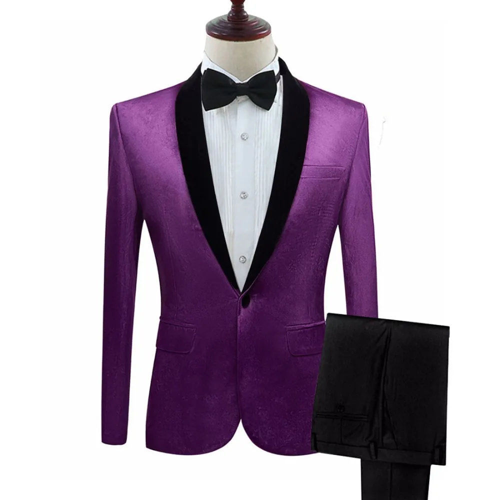 dark purple PYJTRL, мужские бархатные костюмы зеленого, фиолетового, розового, синего, золотого, красного, черного цвета со штанами, костюмы для свадьбы, жениха, певца, выпускного - Цвет: dark purple