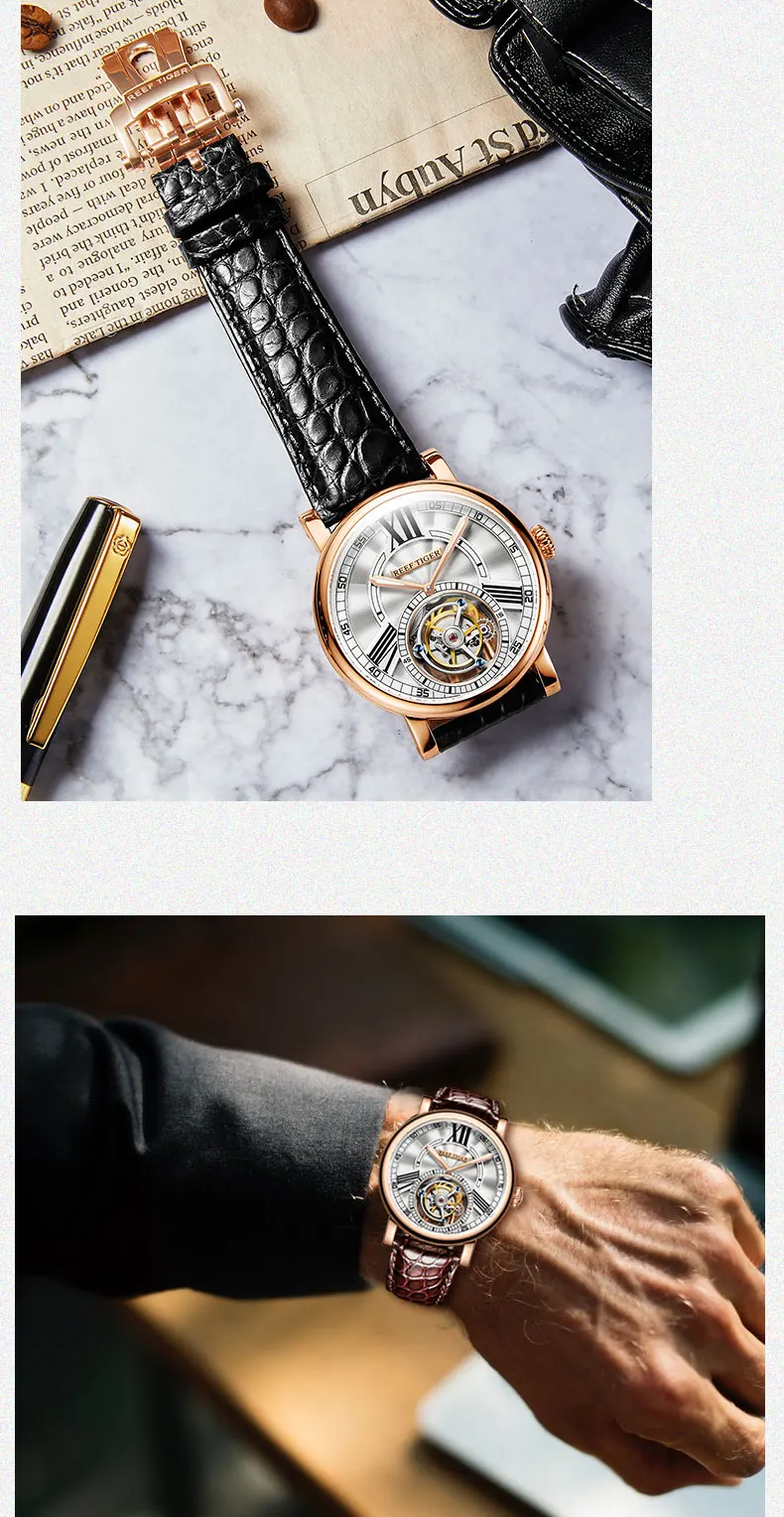 Reef Tiger/RT повседневные часы мужские спортивные Tourbillon автоматические механические Аллигатор ремешок роскошные часы Relogio Masculino RGA1999